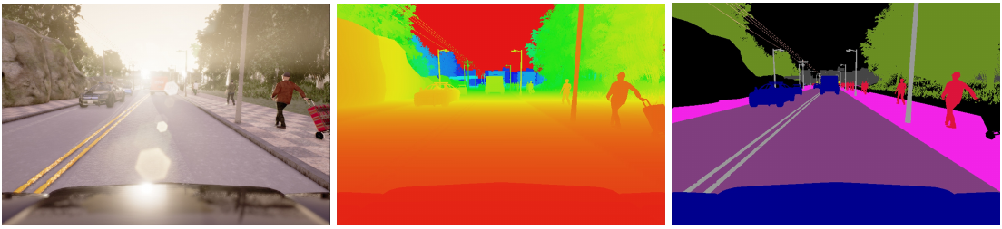 Aligned road views show RGB appearance, a colored depth visualization and semantic segmentation with uniform colors for scene regions.