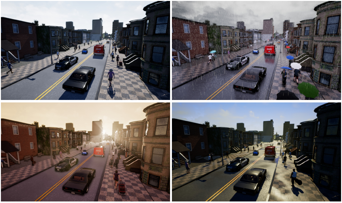 Four third-person views of one Town 2 street: clear daylight, rain, wet pavement after rain, and sunset.