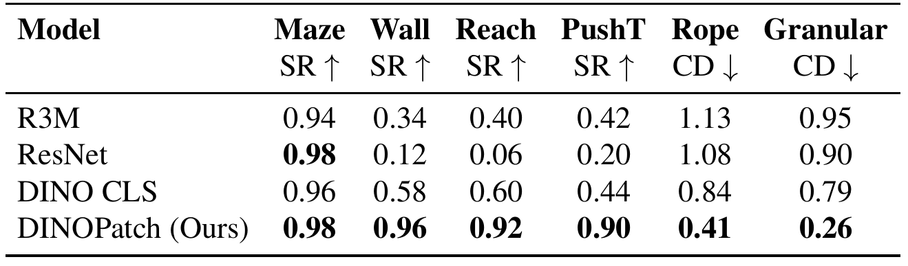 Planning performance for R3M, ResNet, DINO CLS and DINO patch encoders. The patch row retains high manipulation success and low deformable-object distance; Maze changes little.