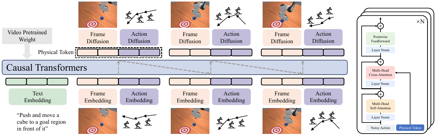 Text, frame and action embeddings enter a shared causal Transformer. Repeated output groups feed frame and action diffusion decoders; an inset shows action denoising with cross-attention to physical-token conditioning.