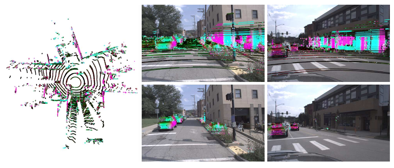 A bird’s-eye point-cloud view sits beside two street views before and after map-based ground and off-road point removal; colors encode surface normals.