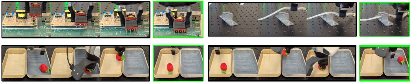 Four photographic sequences show PCB insertion, cable routing, right-to-left object relocation and the reverse relocation; green boxes surround completion states.