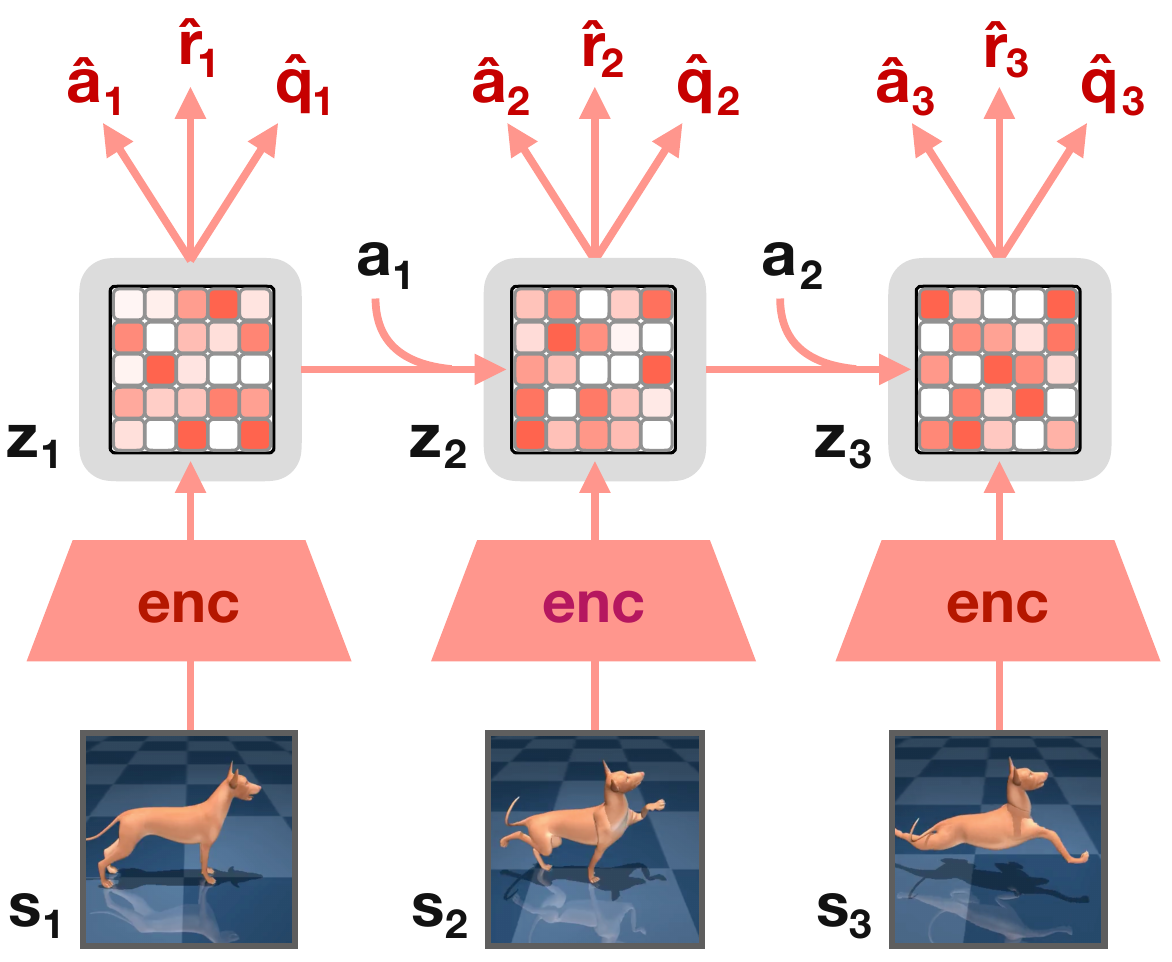 Three dog observations feed encoders and normalized latent grids. Action-labeled arrows connect successive grids, and each grid emits predicted action, reward, and value.