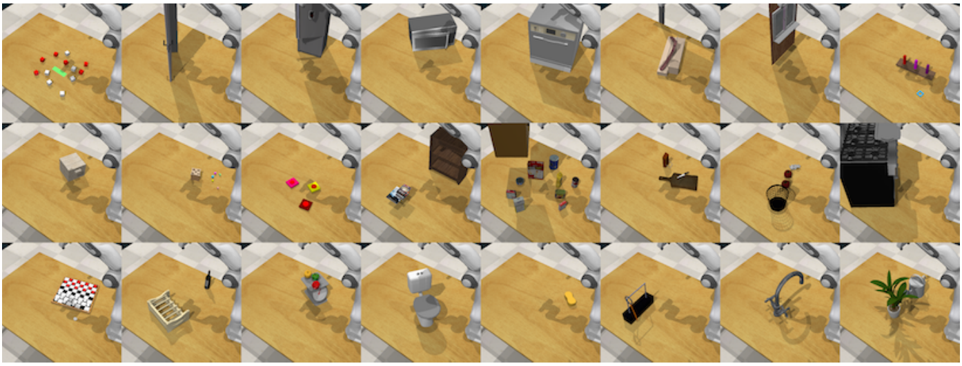 Three rows of eight simulated manipulation scenes, including block stacking, appliance interaction, a checkers board and plant watering.