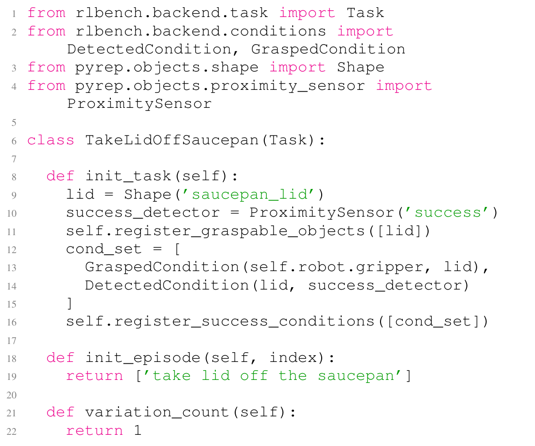 Original Python task example registers a saucepan lid, a proximity sensor, grasp and detection conditions, a description and one variation.