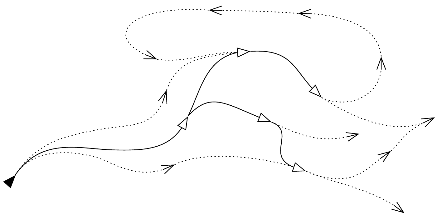The pose graph distinguishes three-sided junction triangles from open chevrons on dotted local chains, retaining a black fixed reference pose.