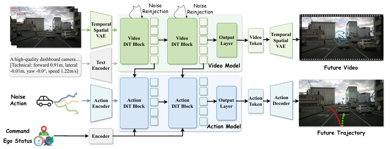 Green video-model blocks receive encoded frames and text; black arrows carry their features down into blue action-model blocks, which also receive action noise and command/ego-state context. Separate branches output future video and trajectory.