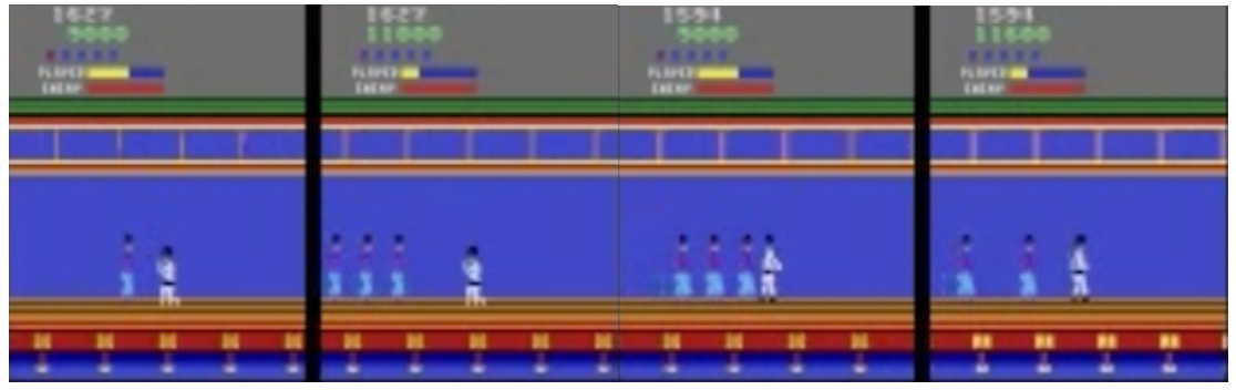 Four Kung Fu Master frames show a similar corridor and player but different arrangements and numbers of opponents in original-game and model examples.