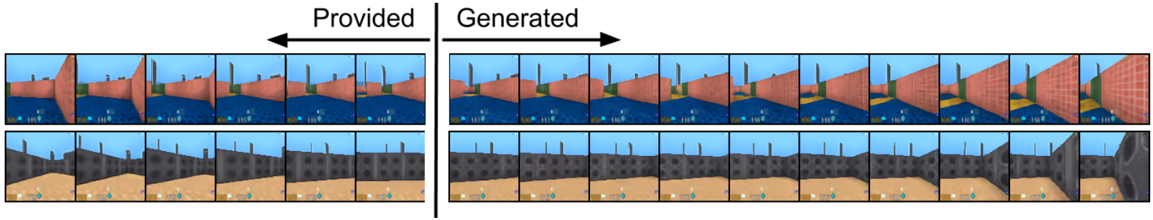 Two video strips are divided into six provided frames on the left and ten generated frames on the right. The upper strip approaches a colored wall; the lower strip shows lateral motion beside a gray wall.