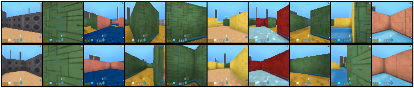 Ten DeepMind Lab scenes appear in an upper row, with corresponding reconstructions below that preserve broad wall layouts and colors but alter details.