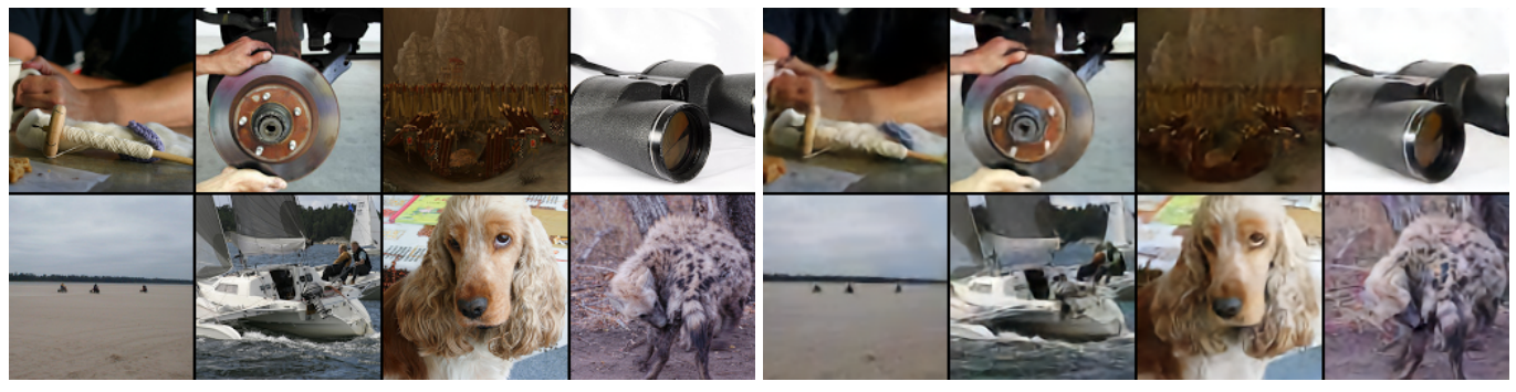 Two matching grids of ImageNet examples: original images on the left and slightly blurrier reconstructions on the right, including binoculars, a boat and a dog.