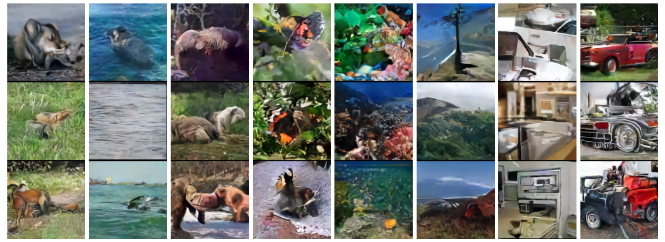 A three-row grid of generated images grouped into eight columns, corresponding to the caption's fox, whale, bear, butterfly, reef, mountain, microwave and pickup categories.