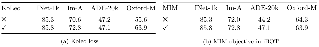 Two paired loss ablations show metrics with and without KoLeo and with and without masked image modeling.