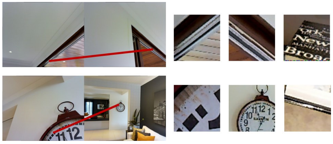 Two correspondence examples with red links appear beside rows of three small image patches used to illustrate triplet training.