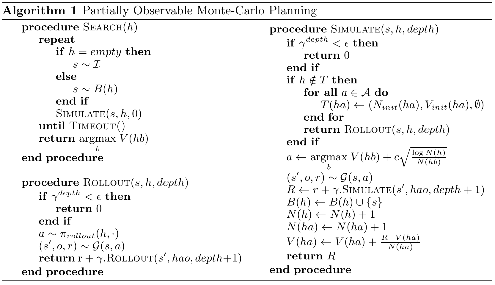 Complete original POMCP pseudocode: Search and Rollout in the left column, and Simulate with UCB action selection, recursive returns, particle accumulation and value updates in the right column.