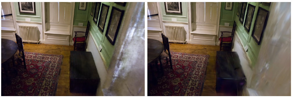 Two DrJohnson room renderings compare Mip-NeRF360 on the left with 3D Gaussian Splatting on the right; the foreground wall and furniture contain visible artifacts.